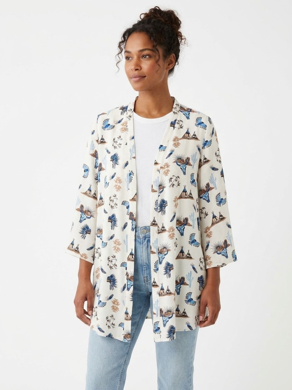 Cotton Rye White Open-Front Kimono Jacket with Southwestern print Medium